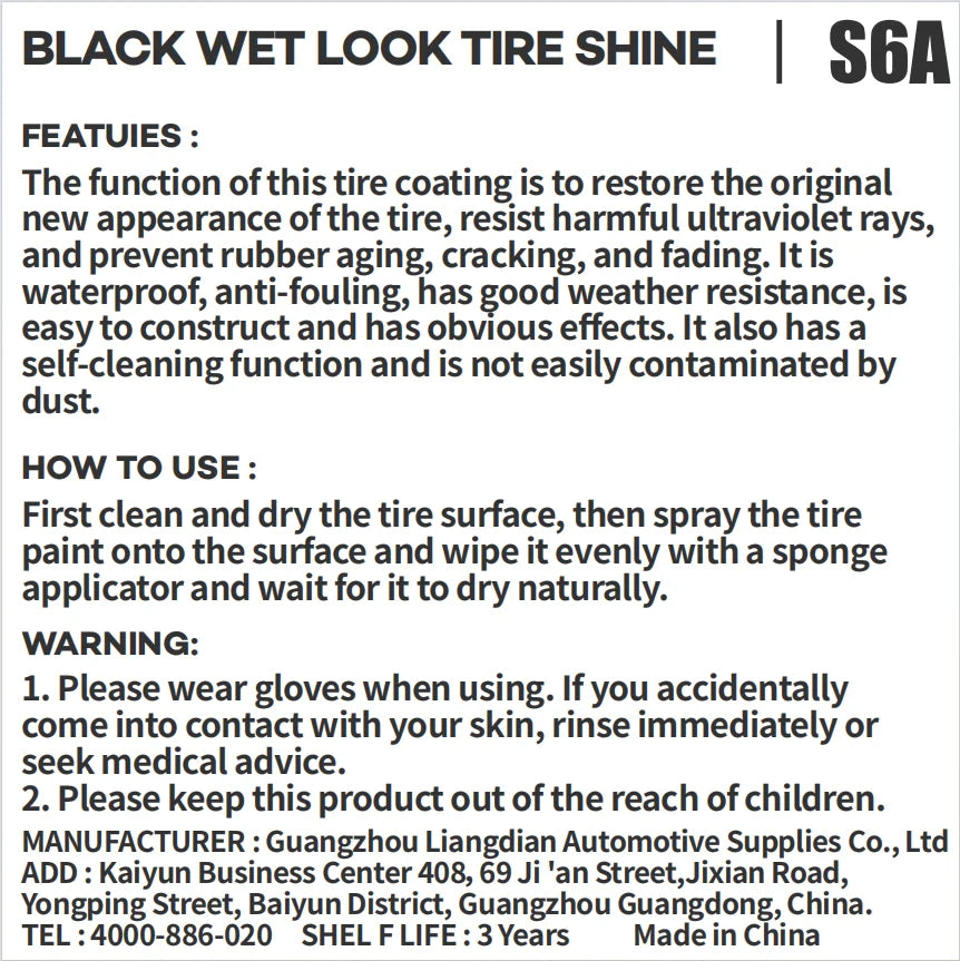 Black Wet Look Tire Shine Dressing -Automotive Clear Coat Tire Dressing Spray for Glossy Wet Tire Look, Vinyl & Plastic, with UV