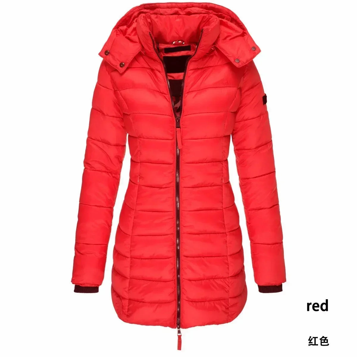 Winter Women's Cotton Jacket Medium Length Slim Fitting Cotton Jacket Warm Solid Hooded Cotton Jacket