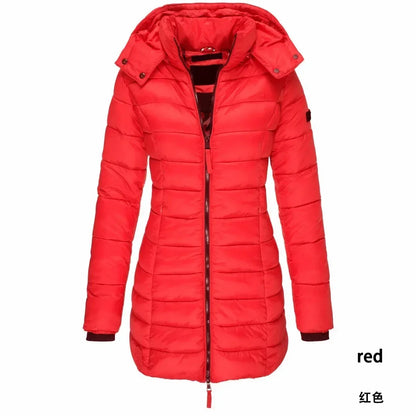 Winter Women's Cotton Jacket Medium Length Slim Fitting Cotton Jacket Warm Solid Hooded Cotton Jacket