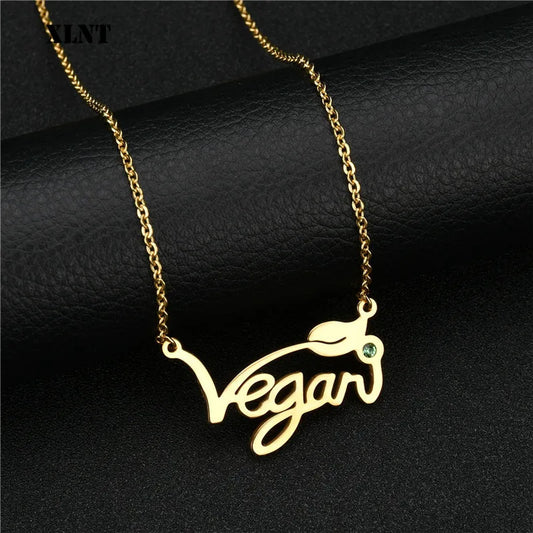 XLNT Silver Gold Rose Vegan Necklace Letters Vegan Pendant Vegetarian Choker Vegan Jewelry Gift for Vegetarian People