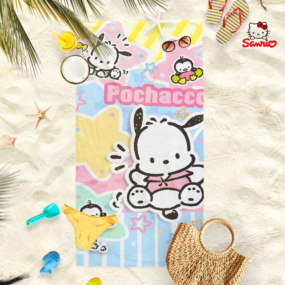 Adorable Cartoon-Printed Beach Towels: PomPomPuu, Pochacco, Cinnamo, and Kitty Designs! Suitable for towels, bath towels