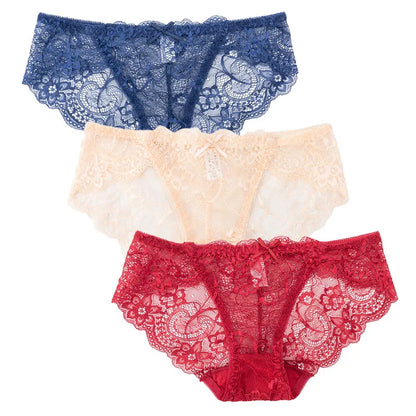 3PCS Hollow Out See Through Underpants Comfortable Briefs Sexy Ladies Lace Transparent Panties Low-Rise Lingerie