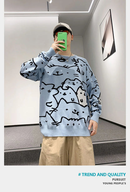 Autumn Cotton Anime Sweaters Men Retro Harajuku Vintage Oversized Sweaters Loose Cute Cartoon Cat Pullovers Homme Men Clothing