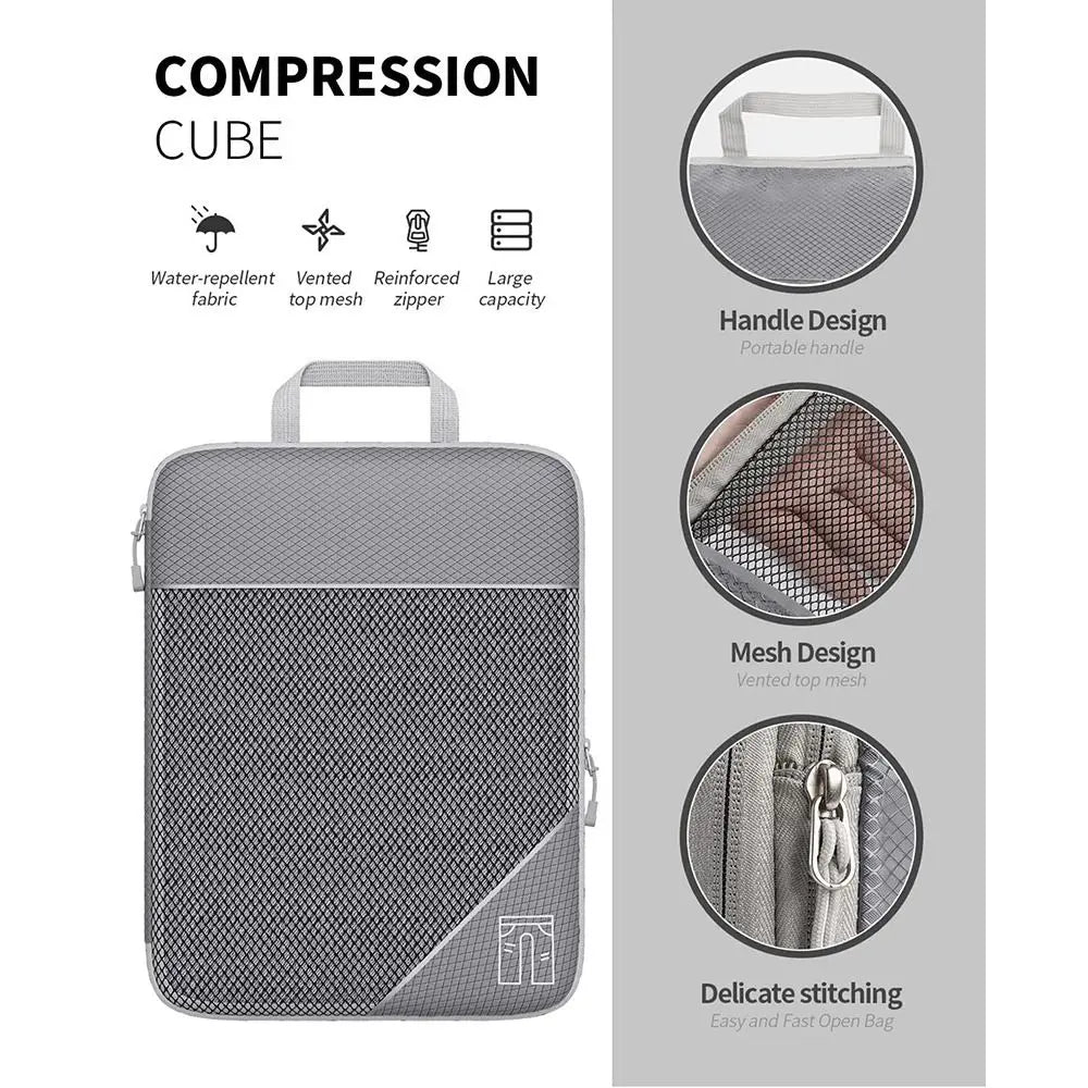 Portable Compression Packing Cubes Compressible Large Capacity Luggage Storage Bags Set Expandable Mesh