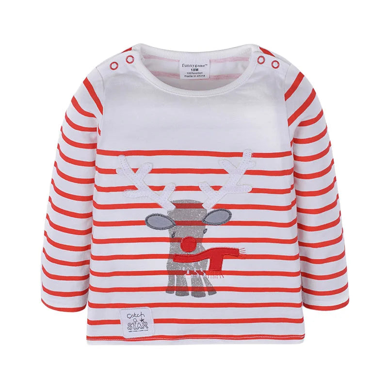 Baby Boys Girls 18-6T Striped Cartoon Tshirts With Applique Animal Kids Hot Selling Spring Autumn Clothes Designed Tops Clothing