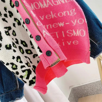 Joskaa Women Knitted Oversized Sweaters Y2k Denim Patchwork Leopard V-neck Long Sleeve Cardigans Coat Female Outwear Streetwear