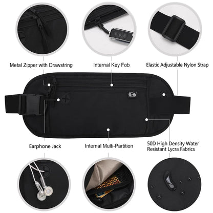 RFID Blocking Money Belt for Travel -Hidden Anti-Theft Passport Wallet & Slim Fanny Pack - Secure Waist Pouch for Cash, Cards