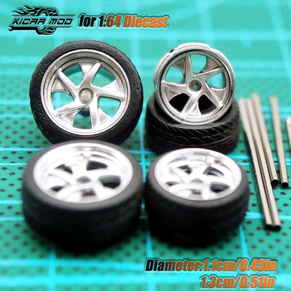 Kicarmod 1/64 Model Car ABS Wheels with Rubber Tire Metal Rims Front Small Rear Large Refitting Parts For Model Car Hot Wheels