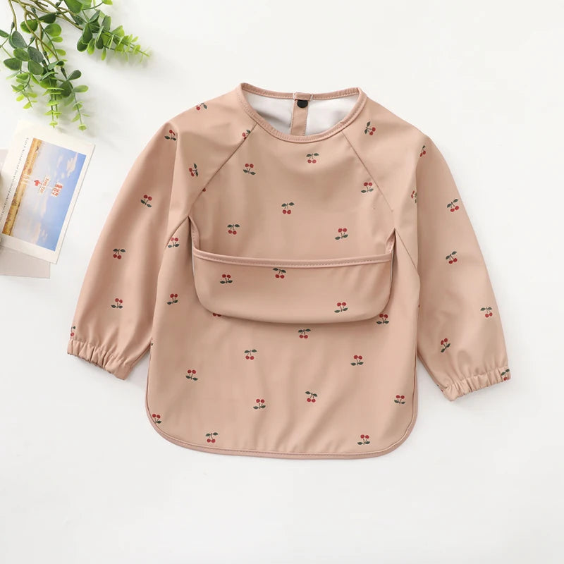 New Children Feeding Aprons Long Sleeve Baby Bib With Pocket Full Cover Kid Gown With Bag Waterproof Long-Sleeve Smock