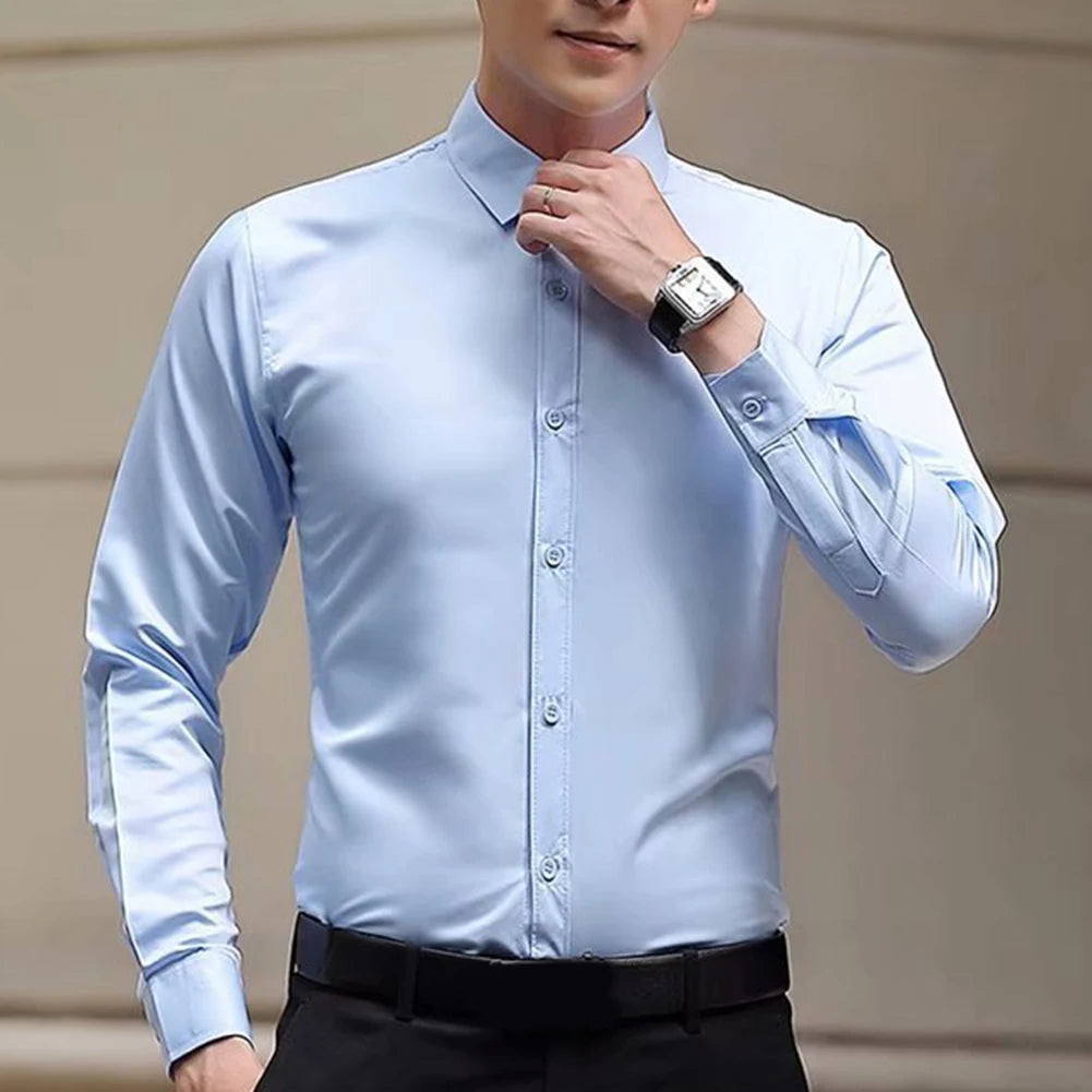 New Men\'s Long Sleeve Drill Button Shirts Tight Business Formal Social Wrinkle Lapel Casual Solid Simple Fashion Male T-shirts