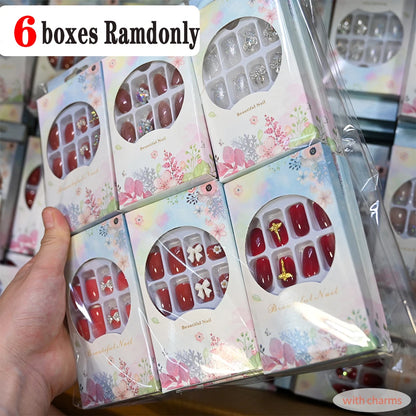 144pcs=6boxes Randomly Press On Nails Short Square Medium Almond Nail Kits 3D Rhinestone Flower Bowtie Reusable Press On Nails