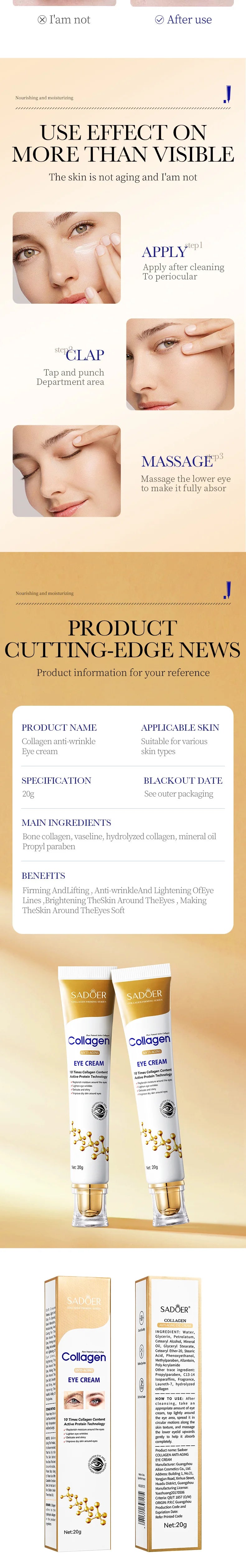 SADOER Collagen Eye Cream skincare Anti Dark Circles Eye Bags Firming Moisturizing skincare Eyes Cream Skin Care for Eyes