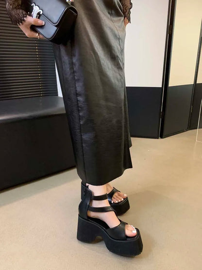 Black Gladiator Sandals Woman Platform High Heels Summer Back Zipper Shoes Punk Chunky Sandals Female Samdalias De Plataforma