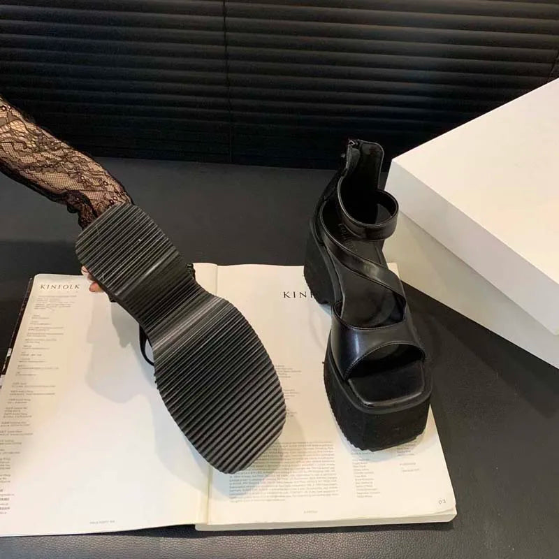 Black Gladiator Sandals Woman Platform High Heels Summer Back Zipper Shoes Punk Chunky Sandals Female Samdalias De Plataforma