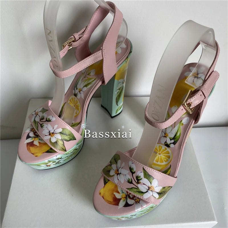 2025 Print Flower High Platform Sandals Women Chunky Heel Genuine Leather Ankle Strap Party Shoes Summer