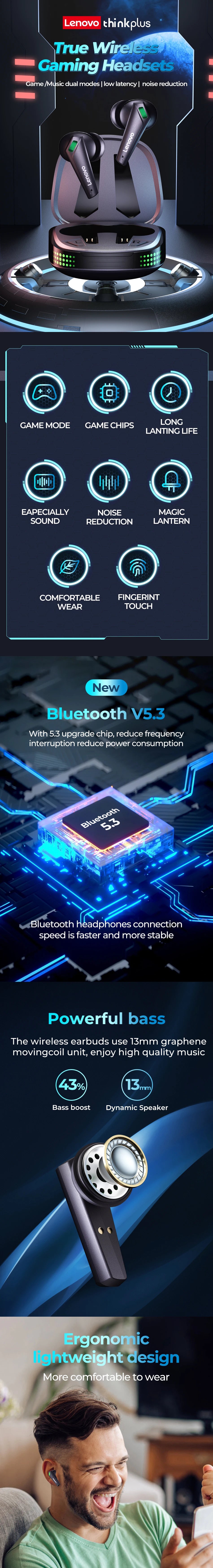 ERAZER XT85  Gaming Bluetooth 5.3 Earphone Wireless Headphones Stereo Sound Headsets with Mic Touch Control Lenovo Earbuds