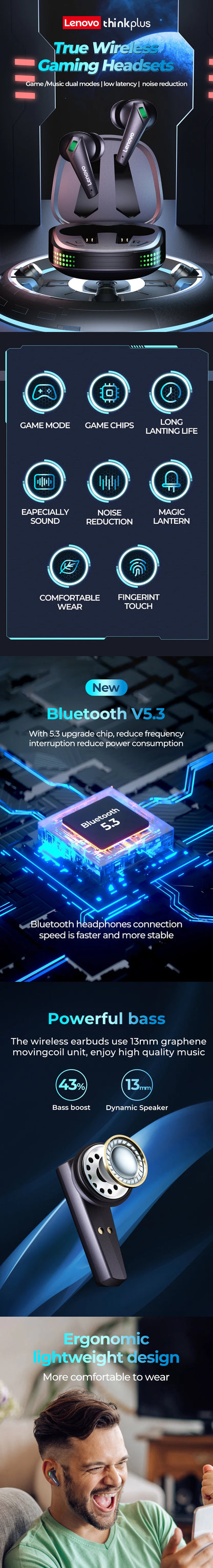 ERAZER XT85  Gaming Bluetooth 5.3 Earphone Wireless Headphones Stereo Sound Headsets with Mic Touch Control Lenovo Earbuds