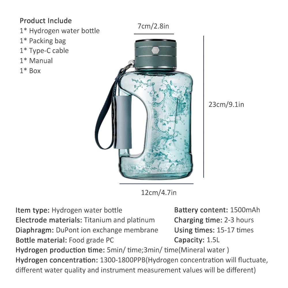 1.5L Hydrogen Water Bottle Hydrogen Rich Portable Sports Water Bottle Rich Molecular Hydrogen Water Generator Water Bottle