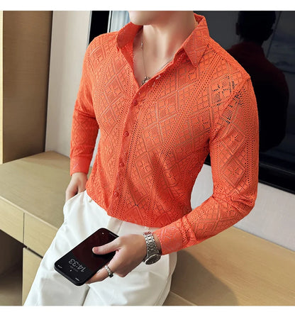 Quality Hollow Shirts For Men Korean Luxury Clothing Fashion Sexy Lace Men's Social Shirt Dress Slim Fit Long Sleeve Prom Tuxedo