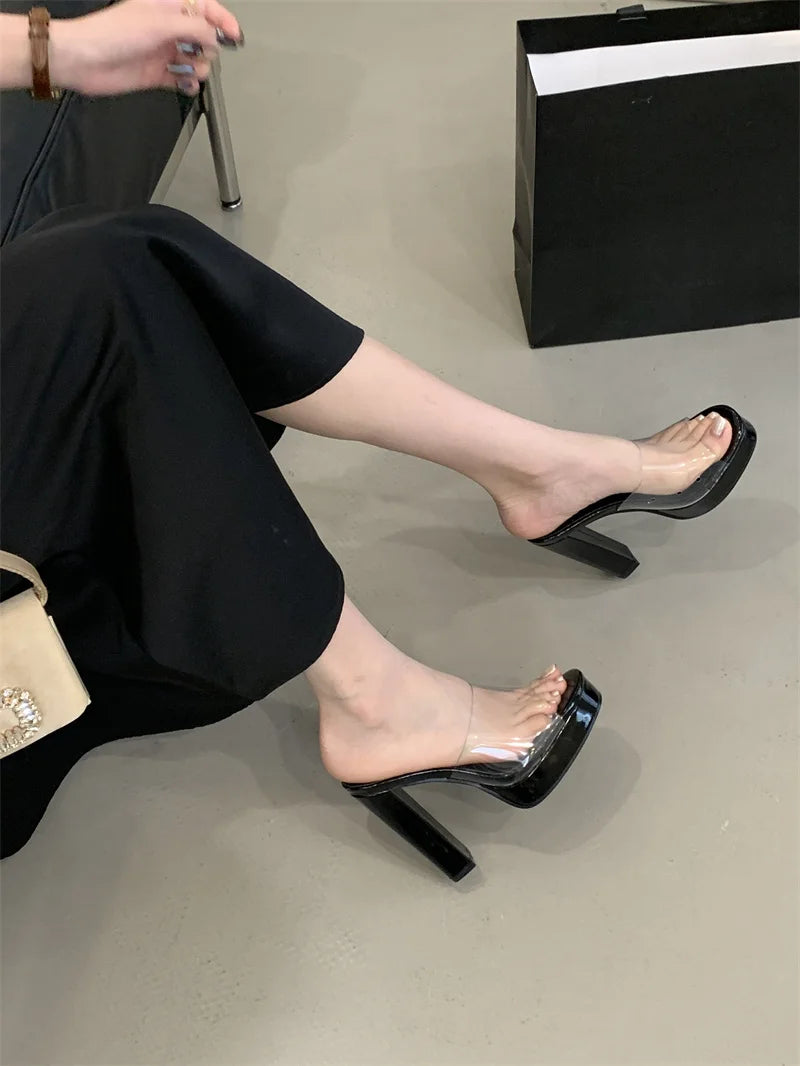 Liyke Summer Square Toe 12CM Thick High Heels Platform Slippers Ladies Chunky Sandals PVC Transparent Shoes Women Zapatos Mujer