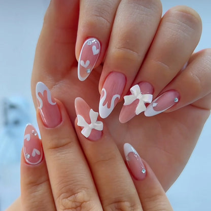 White French Short Press on Nails 3D Bowknot Designs Nude Color Fake Nails Artificial False Nails Tips for Woman DIY Manicure