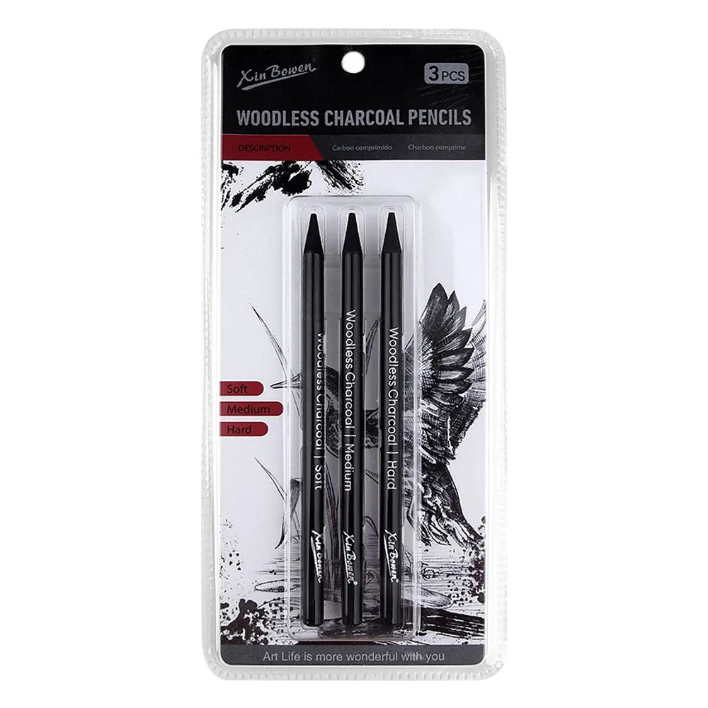 3Pcs Art Supplies Charcoal Pencils Set Drawing Pencil Soft/Medium/Hard Black White Charcoal Pencil