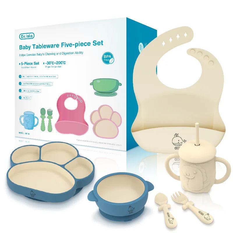 MAMIJOY  High Quality Children's Dishes Set Baby Silicone Tableware Sucker Bowl Bib Cup Fork Spoon Set Infant Supplies BPA Free