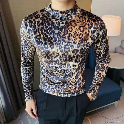 Mens T-shirt Long Sleeve Leopard Print Stretch Skinny Gym Shirt High Neck Base Shirt for Men
