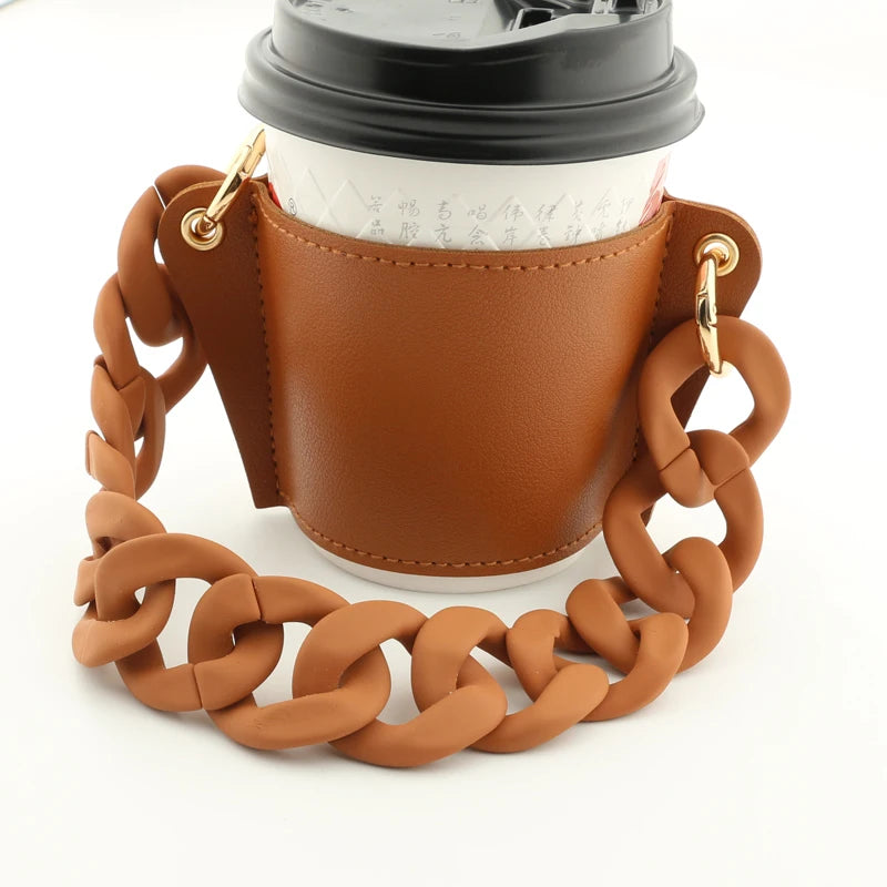 Reusable Leather Cup Coffee Sleeve with Chain Hot Coffee Iced Coffee Sleeve Leather Drink Carrier For Coffee Drinks Coffee Purse