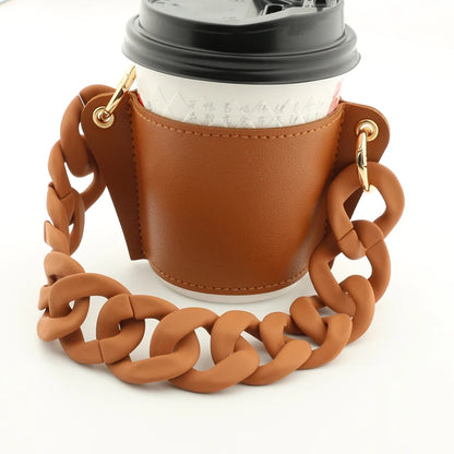 Reusable Leather Cup Coffee Sleeve with Chain Hot Coffee Iced Coffee Sleeve Leather Drink Carrier For Coffee Drinks Coffee Purse