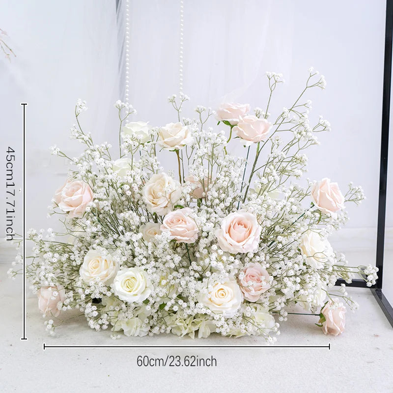 Luxury White Rose Babys breath Artificial Flower Row Wedding Backdrop Arch Decor Hang Floral Arrangement Event Party showcase