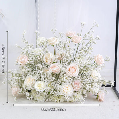 Luxury White Rose Babys breath Artificial Flower Row Wedding Backdrop Arch Decor Hang Floral Arrangement Event Party showcase