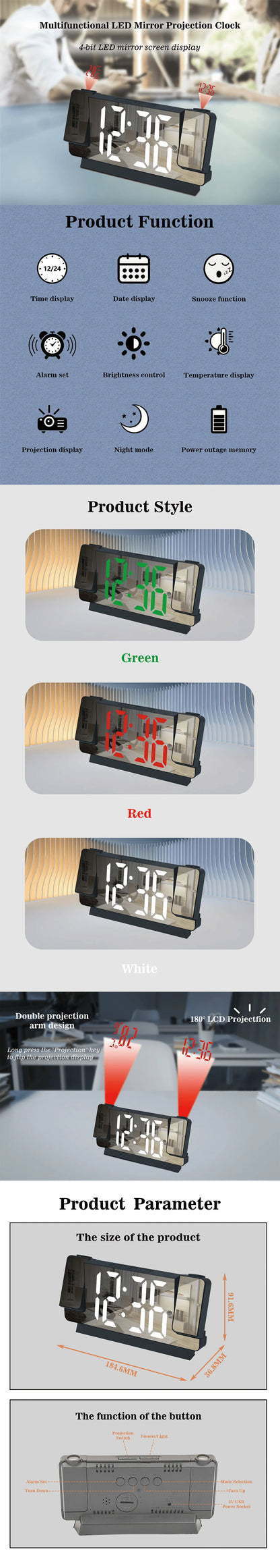 double projection clock LED clock Alarm Clock Digital clock 12/24H student Clock Advanced Projection Alarm Clock USB powered