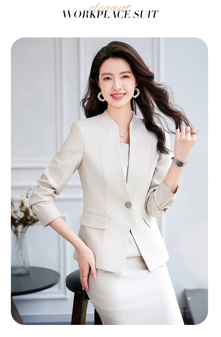 Office Suit Women Collarless Blazer + Vest Dress Set Executive Lady Workwear Elegant 2 Piece Set Long Sleeve Pink Suit Jacket
