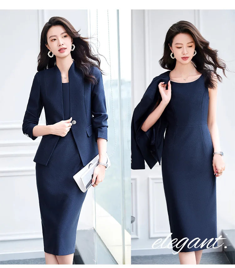 Office Suit Women Collarless Blazer + Vest Dress Set Executive Lady Workwear Elegant 2 Piece Set Long Sleeve Pink Suit Jacket