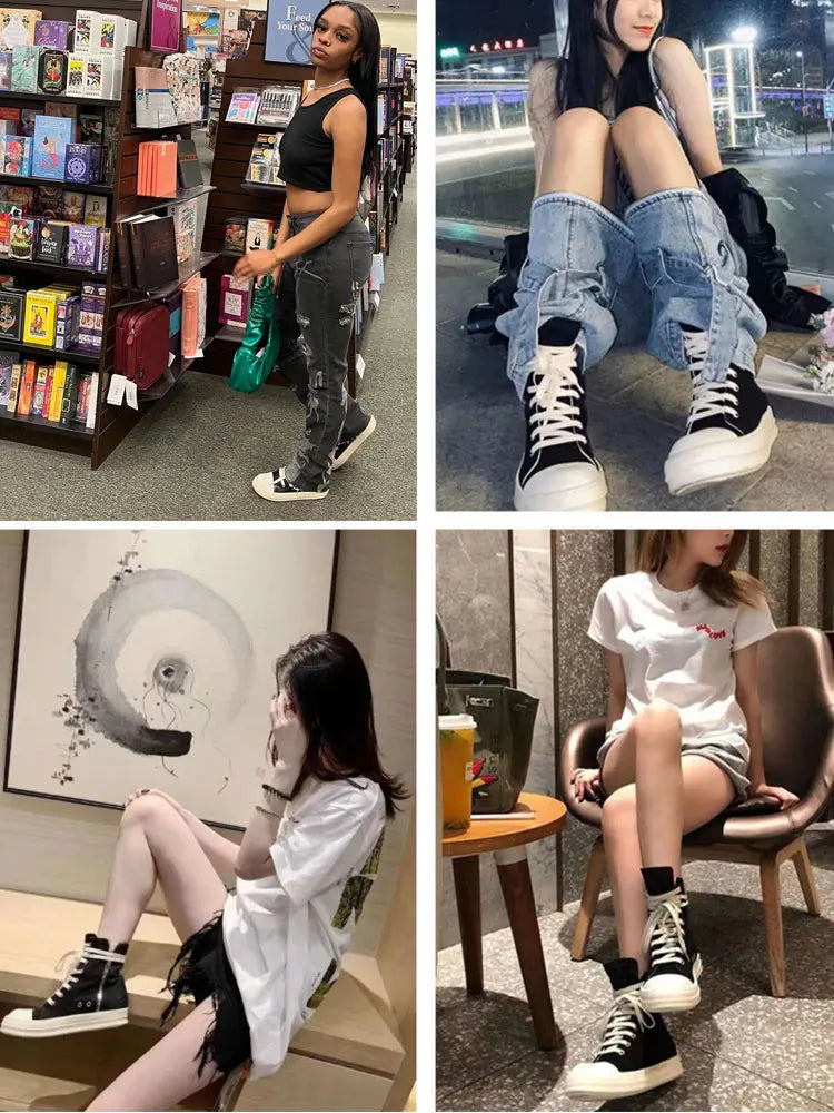 Owens women's sports shoes, men's sports shoes, 2025 spring and autumn lace-up flat casual shoes thick sole high top sports shoe