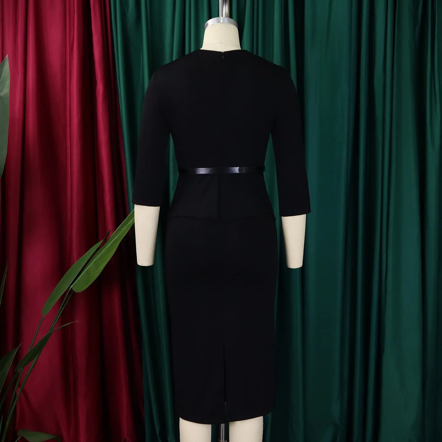 Elegant Office Dresses for Woman V Neck Full Sleeve Belt Waisted Sheath Package Hips Mid Calf Formal Business Work Wear Gowns OL