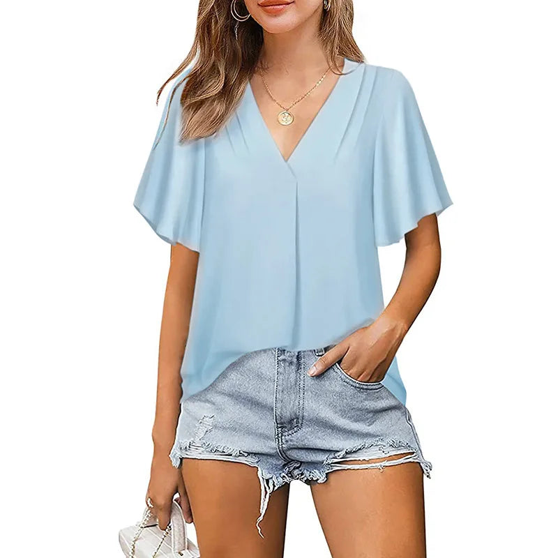 Office Lady Blouse Summer Women V-Neck Loose Short Sleeved T-Shirt  Daily Casual Tops Work Clothes