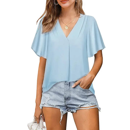 Office Lady Blouse Summer Women V-Neck Loose Short Sleeved T-Shirt  Daily Casual Tops Work Clothes