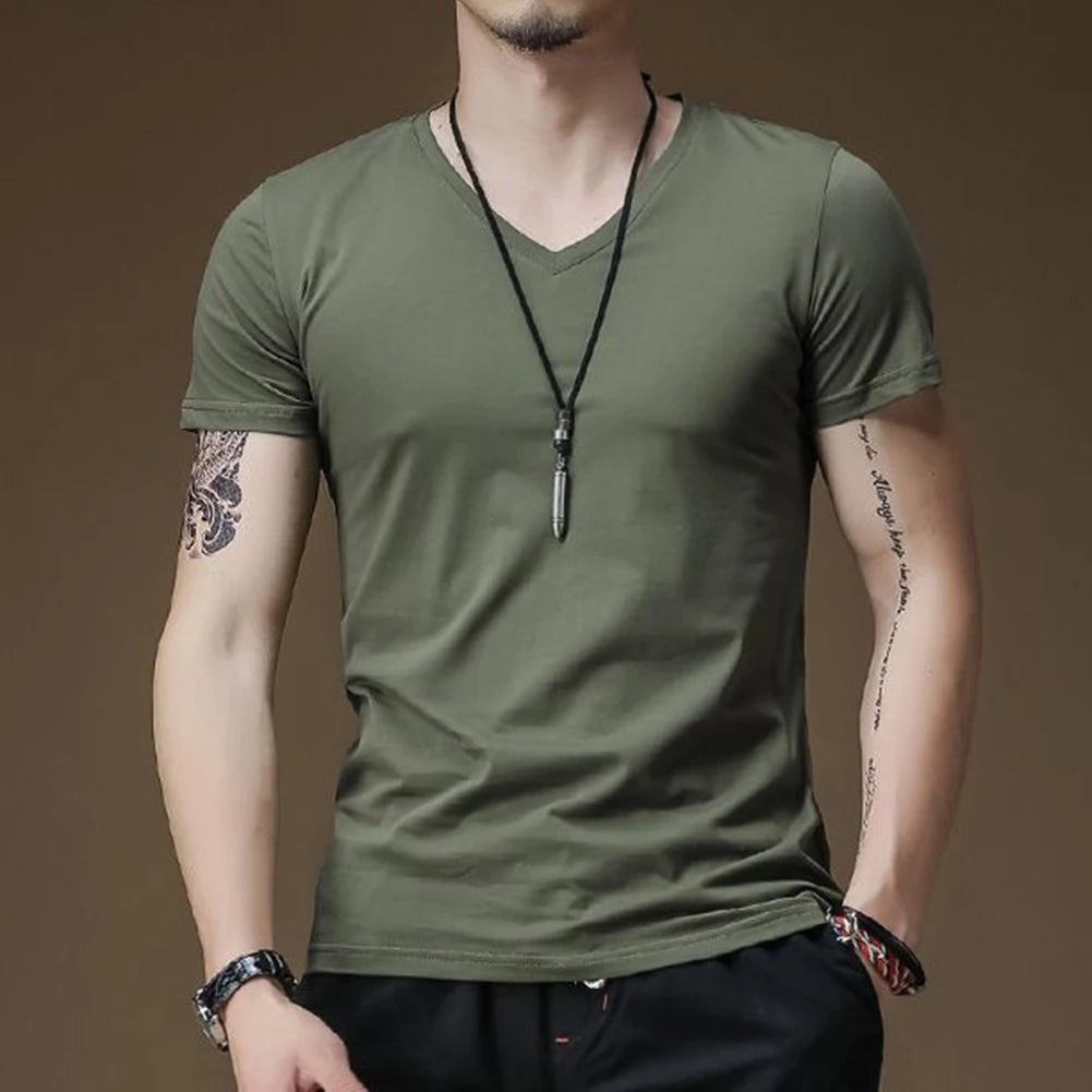 Mens T Shirt Solid Colour V Neck Short Sleeve Top T Shirt Leggings Gym Wear