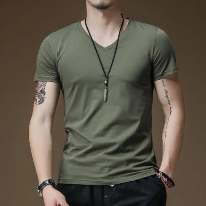 Mens T Shirt Solid Colour V Neck Short Sleeve Top T Shirt Leggings Gym Wear