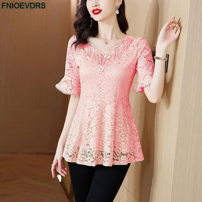 Office Shirts Basic Wear New Design 2025 Women Elegant Fashion Work Lady Bling Beaded Flare Sleeve Lace Tops Blouses