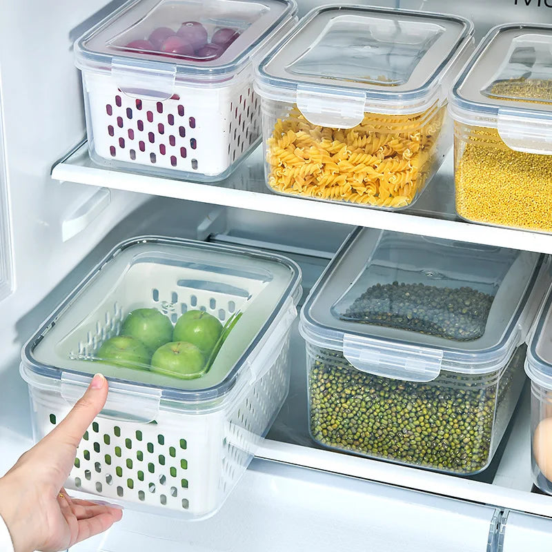 Refrigerator Storage Box Fresh Keeping Vegetable Fruit Plastic Sealed Boxes Drain Basket Fridge Kitchen Food Storage Container