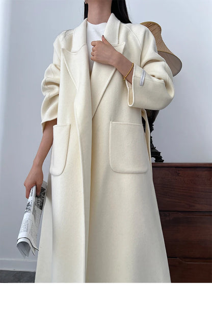 Office Lady Woolen Jackets 2024 Autumn And Winter Bathrobe Style Pocket Double-Sided Loose Lace -Up Tie Women's Long Wool Coats