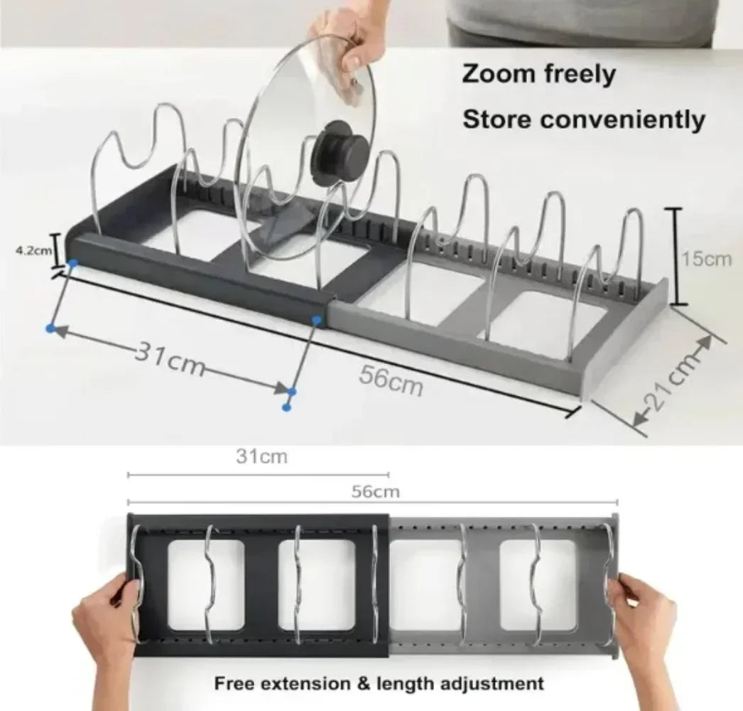 Expandable Pot and Pan Organizers Rack Holder Kitchen Cabinet Pantry Bakeware Organizer Rack with 6 Adjustable Compartments