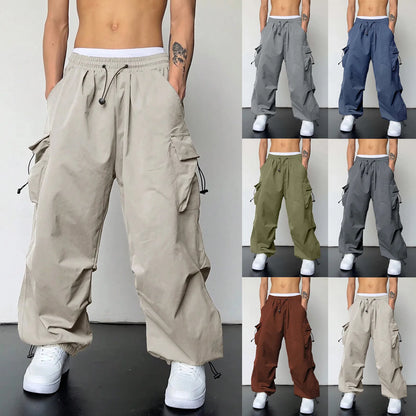 Mens Casual Sports Cargo Pants Woven Pocket Foot Rope Street Tie Solid Pants Mens Multi-Pockets Cargo Pants Pantalones Hombre