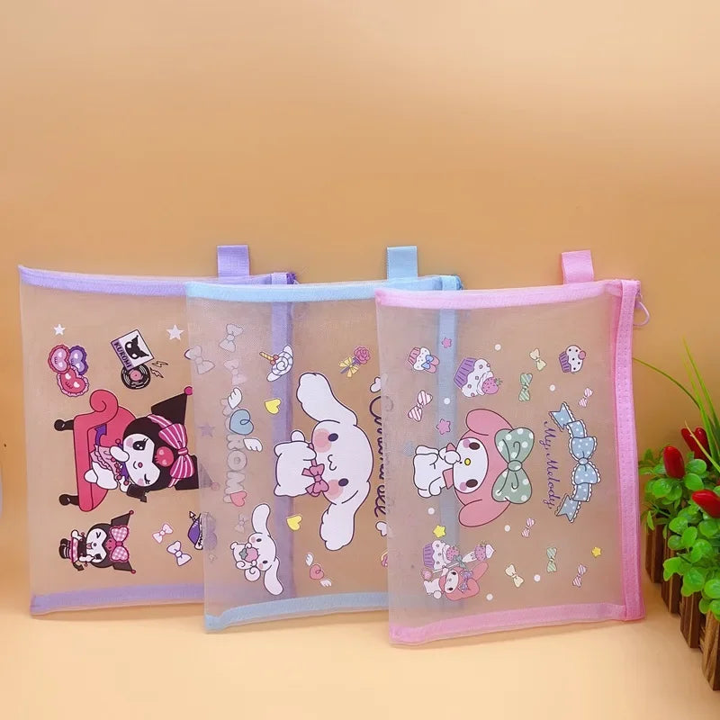 Sanrio Mesh Pen Bag Kuromi Cinnamoroll Cartoon Student Waterproof Storage Bag Translucent Matte Student Supplies