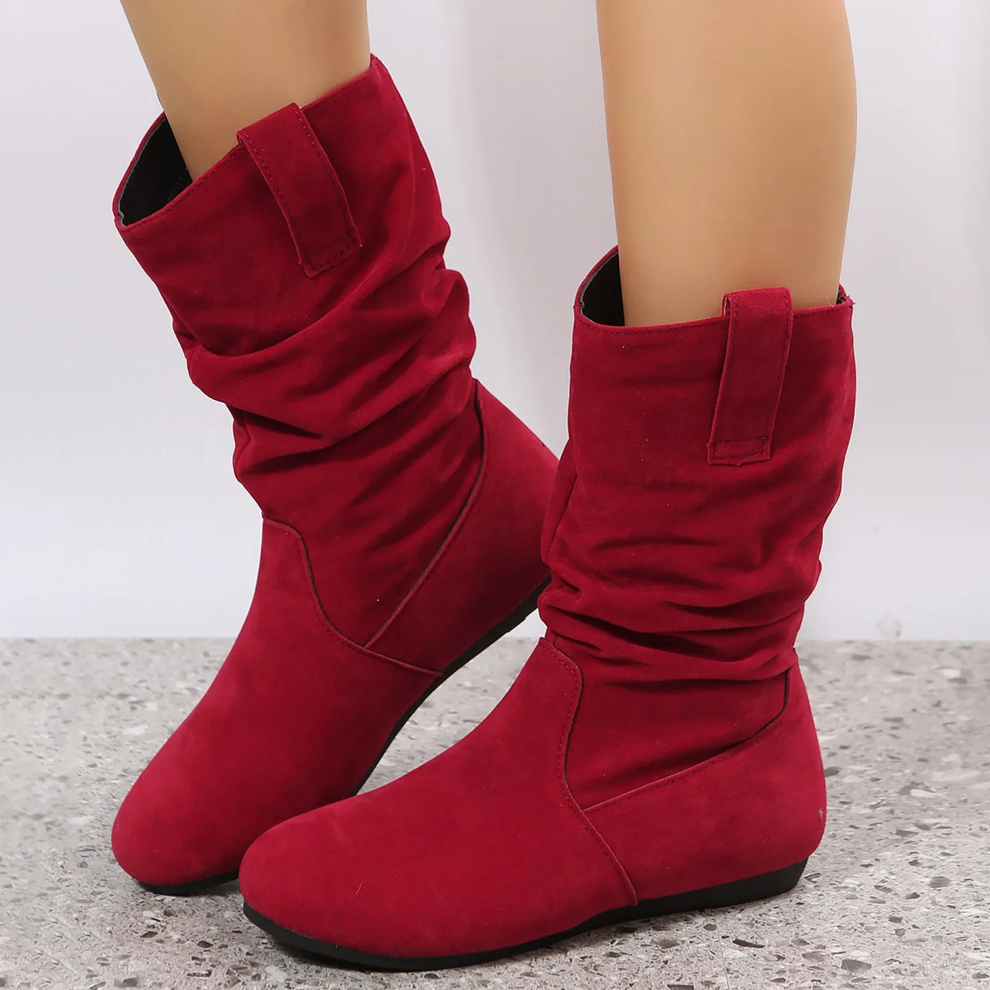 Womens Heel Boots Mid Calf Ladies Fashion Solid Colour Simple Round Toe Suede Flat Bottom Sleeve Cowboy Boots Women with Crosses