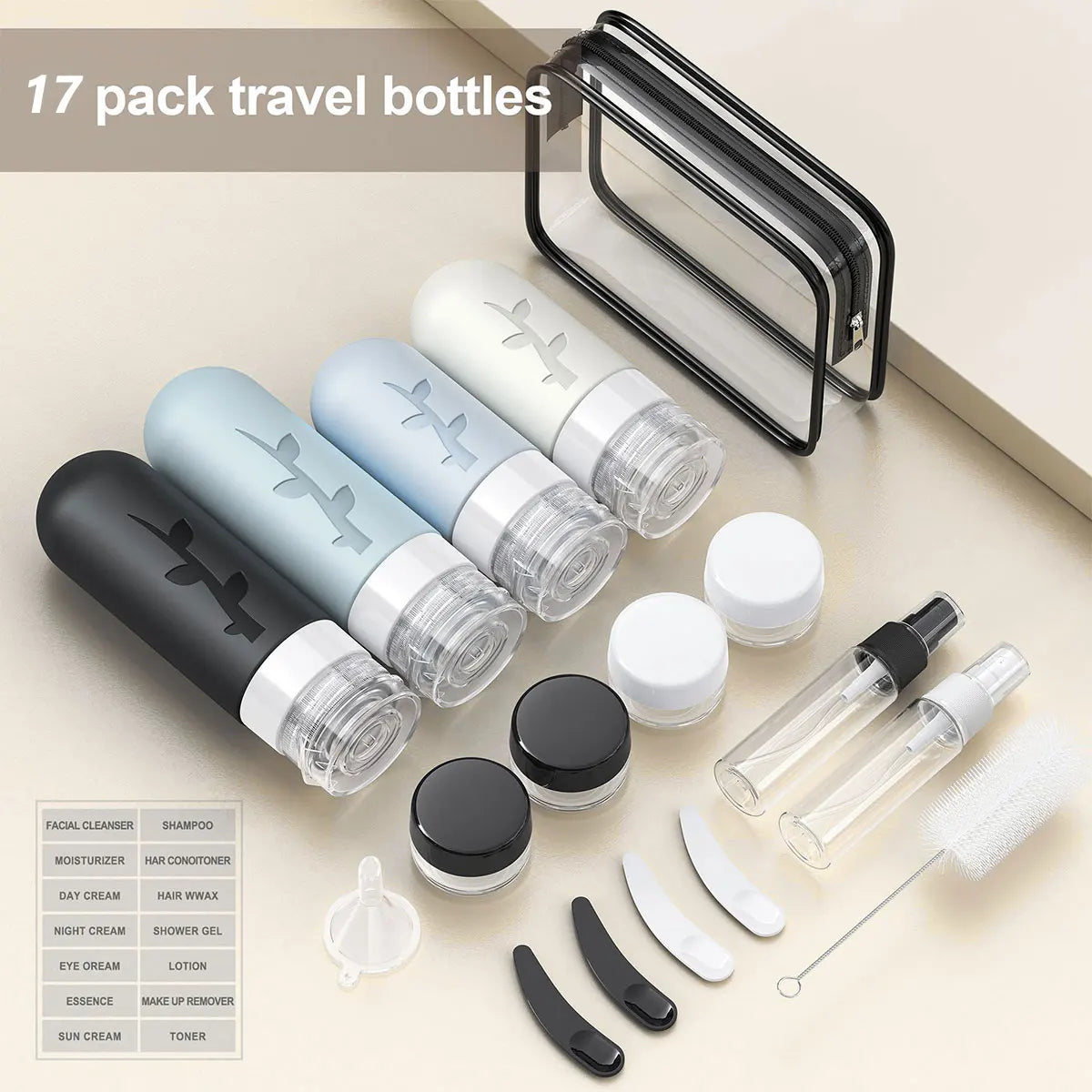17 travel bottles for toiletries, leak proofand refillable liquidshampooandconditioneressentialfor travel toiletries bottles-liu