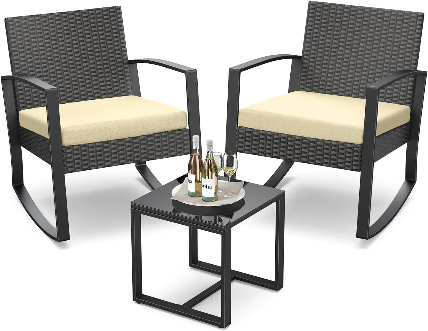 3 Pieces Patio Furniture Set Rocking Bistro Set Outdoor Rattan Conversation with Coffee Table for Garden Balcony Backyard